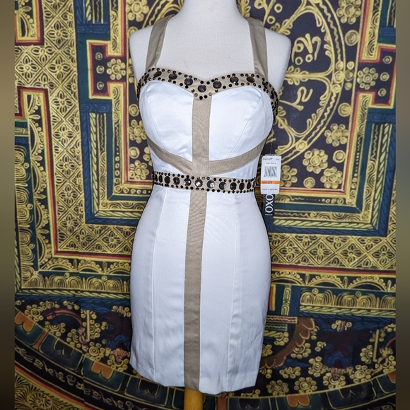 XOXO Dresses & Skirts - XOXO White Satin Tuxedo Stripe Rhinestone Studded Mini Bodycon Dress
